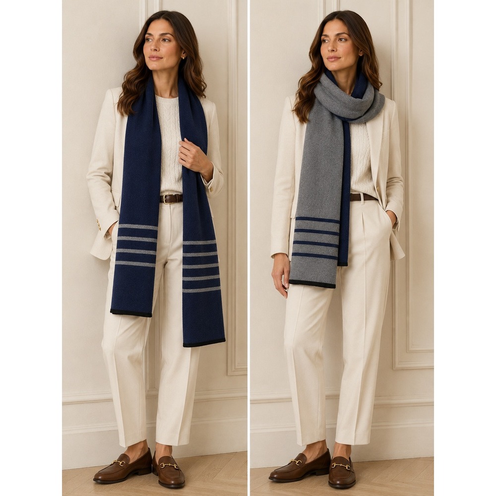 Banana Republic Extra Fine Merino Wool Reversible Scarf Navy Gray Striped